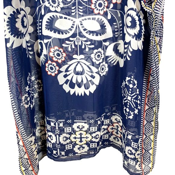 Sheer Tunic Coverup with Side Slits Pullover Blue and White Floral Print - Picture 3 of 3